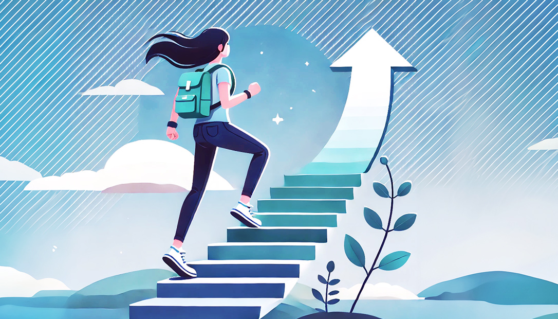 Graphic illustration of a female working adult student, wearing a backpack, walking up a set of stairs that turns into an upward arrow, surrounded by an abstract outdoor setting