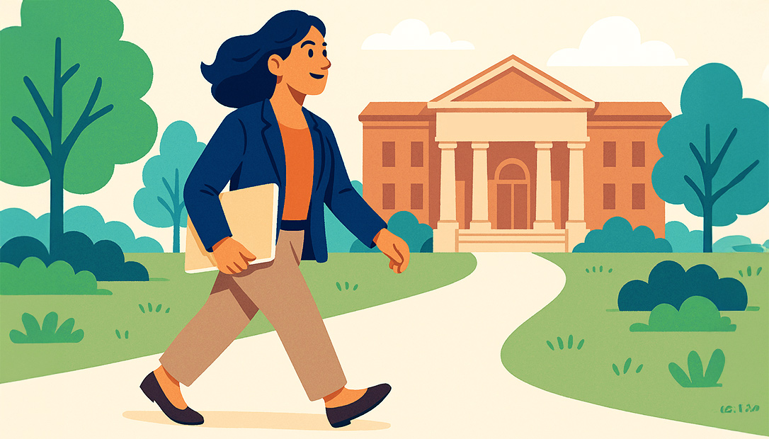 Illustration of a person walking on a path toward a large academic building while carrying a folder.